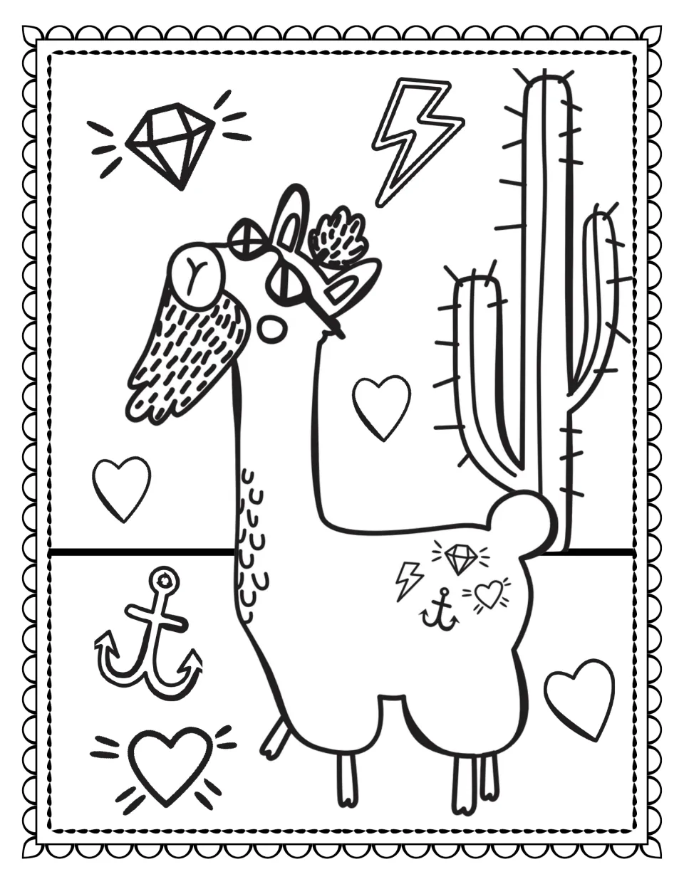 Llama coloring book page 8: a bearded llama wears sunglasses and has anchor, diamond, and lightning symbols