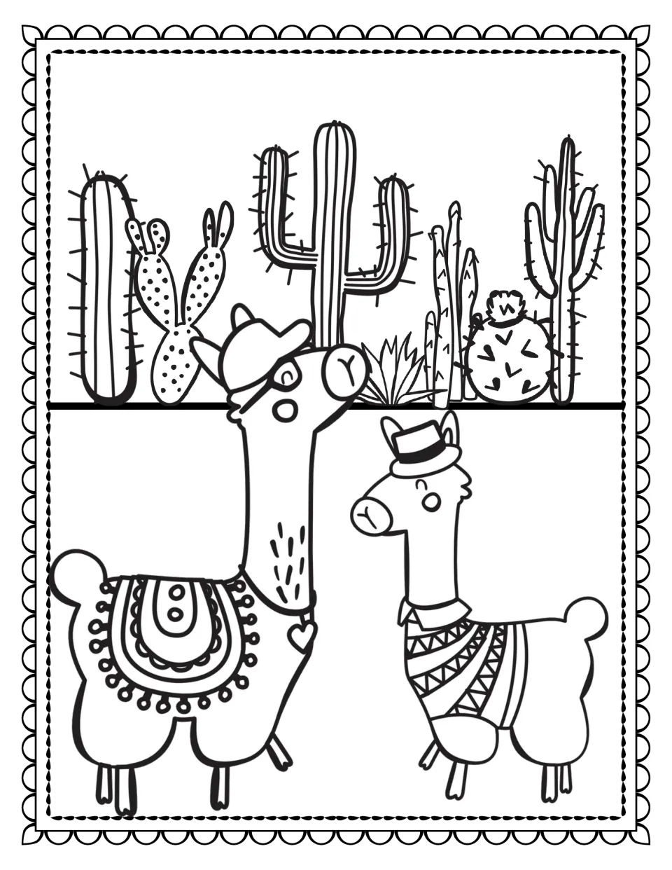 Llama coloring book page 9: two llamas wear hats and patterned outfits in front of several kinds of cacti