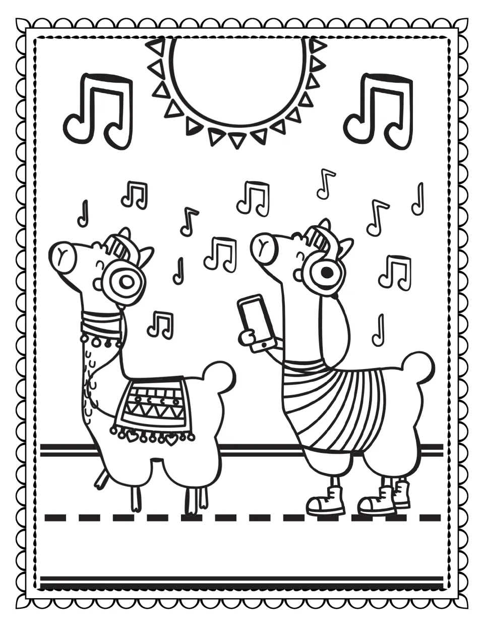 Llama coloring book page 10: two llamas wear headphones beneath musical notes, and one holds a phone