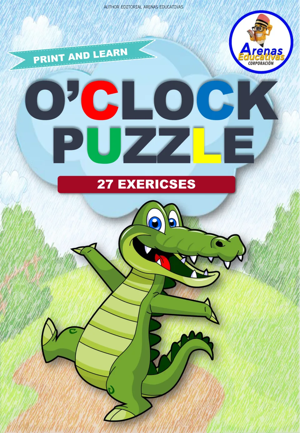 Cover of the telling-time puzzle resource, labeled “O’Clock Puzzle,” “27 Exercises,” and “Print and Learn.”