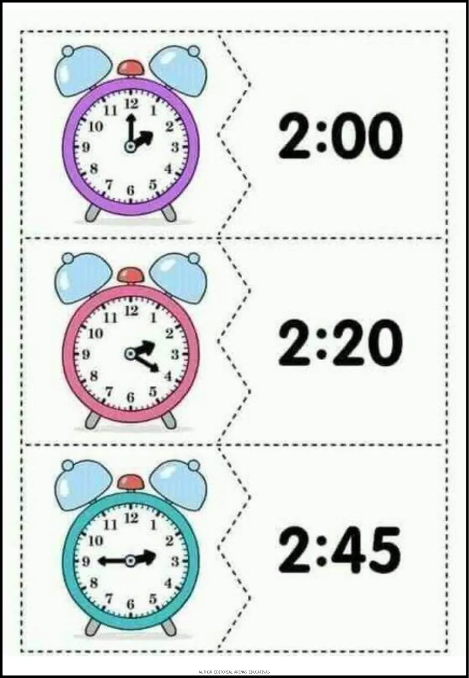 Time-matching puzzles 1–3 pair analog clock faces with the digital times 2:00, 2:20, and 2:45.