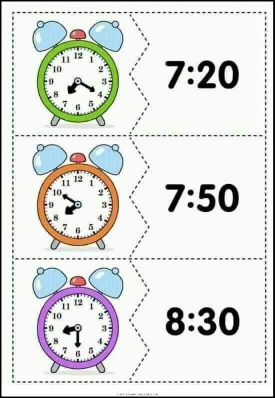 Time-matching puzzles 4–6 pair analog clock faces with the digital times 7:20, 7:50, and 8:30.