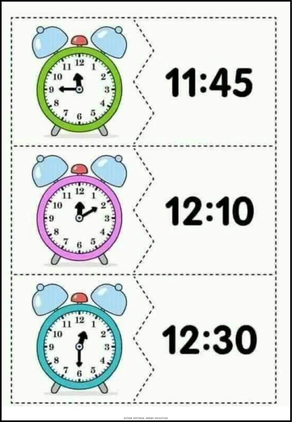 Time-matching puzzles 7–9 pair analog clock faces with the digital times 11:45, 12:10, and 12:30.