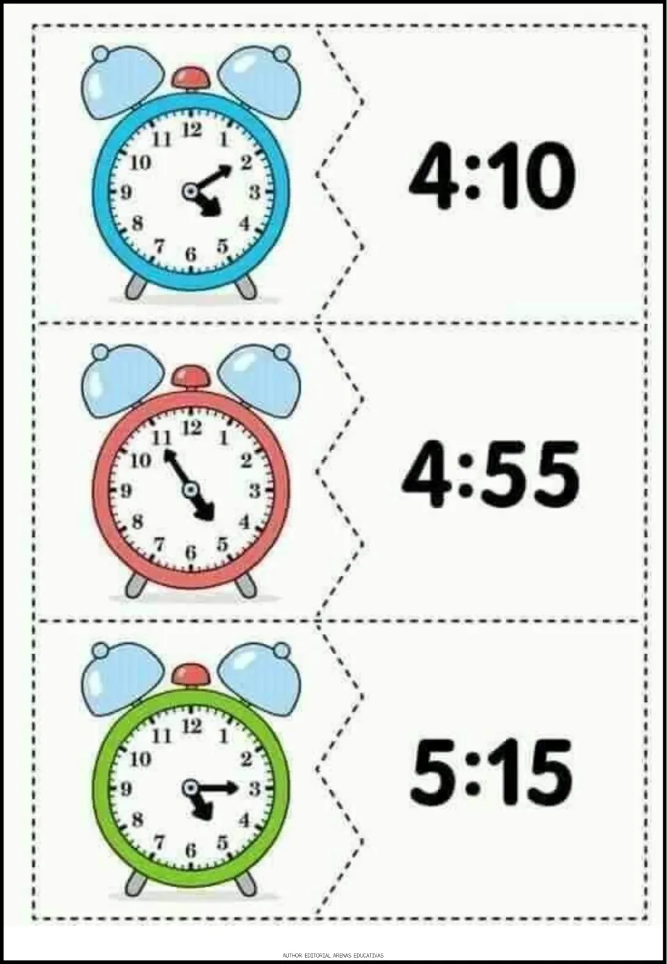 Time-matching puzzles 10–12 pair analog clock faces with the digital times 4:10, 4:55, and 5:15.