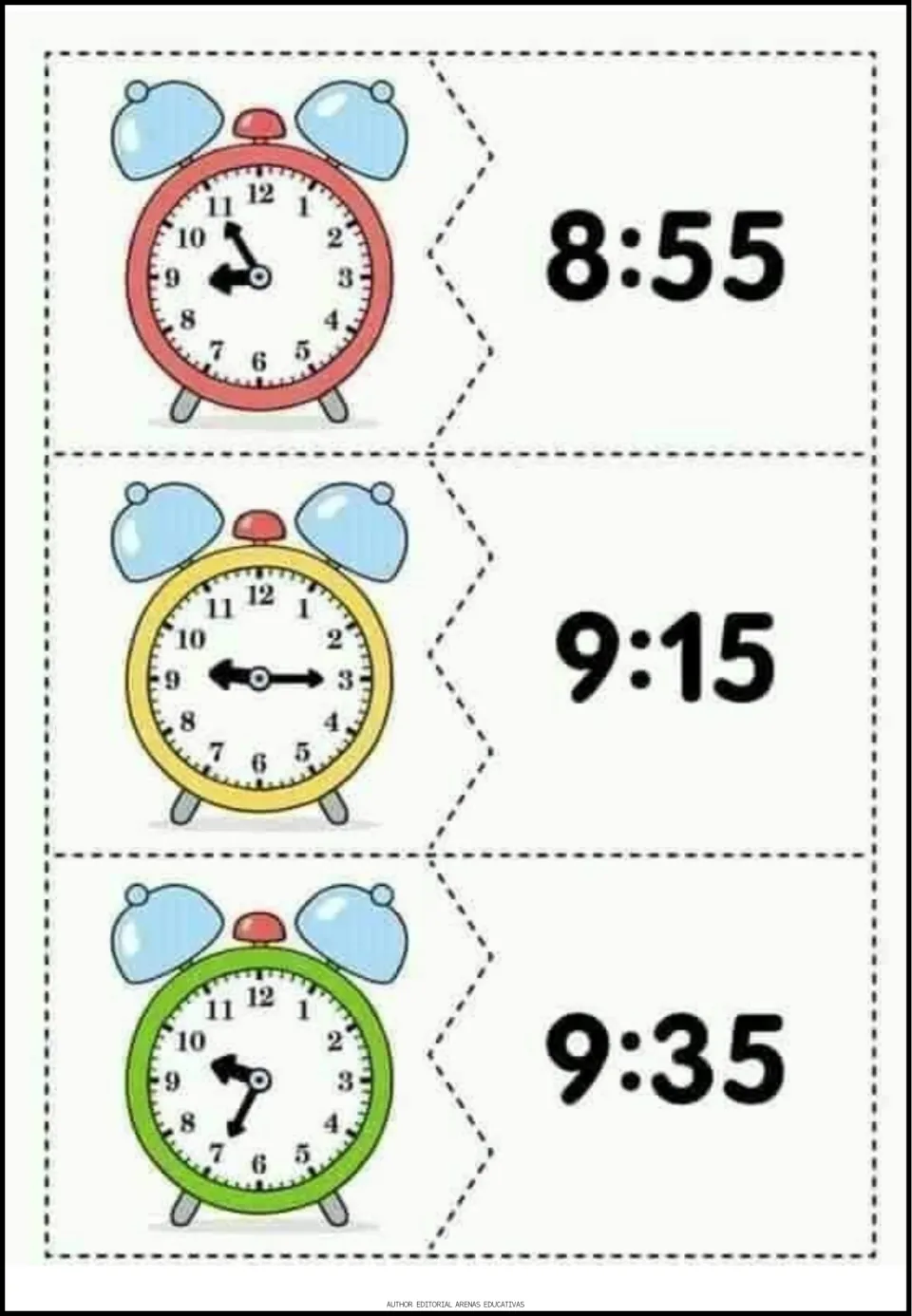 Time-matching puzzles 13–15 pair analog clock faces with the digital times 8:55, 9:15, and 9:35.