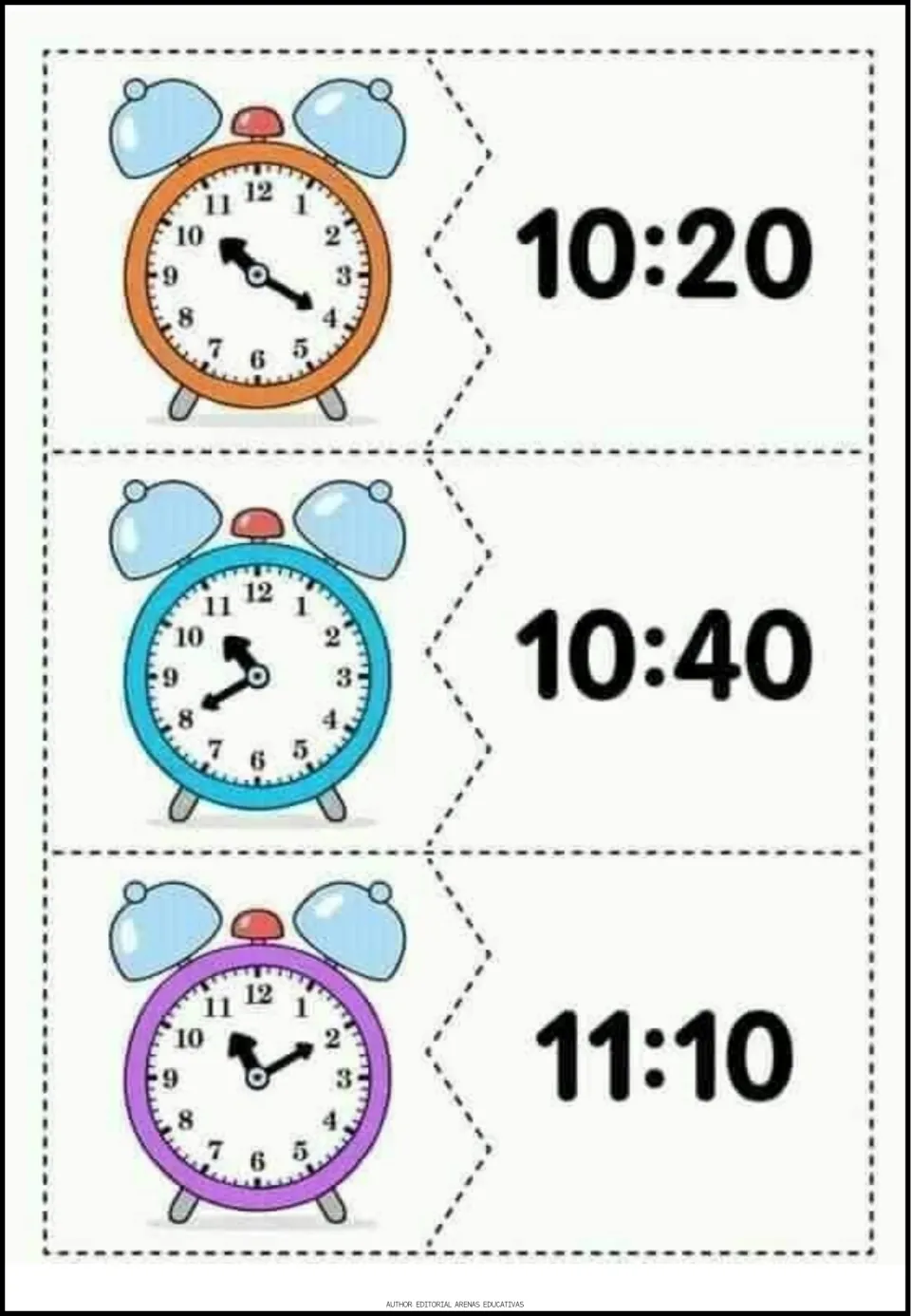 Time-matching puzzles 16–18 pair analog clock faces with the digital times 10:20, 10:40, and 11:10.