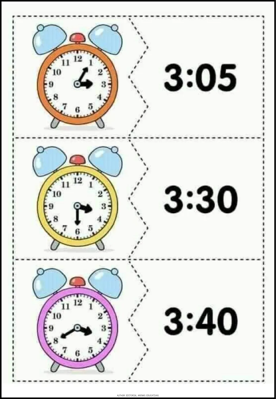 Time-matching puzzles 22–24 pair analog clock faces with the digital times 3:05, 3:30, and 3:40.