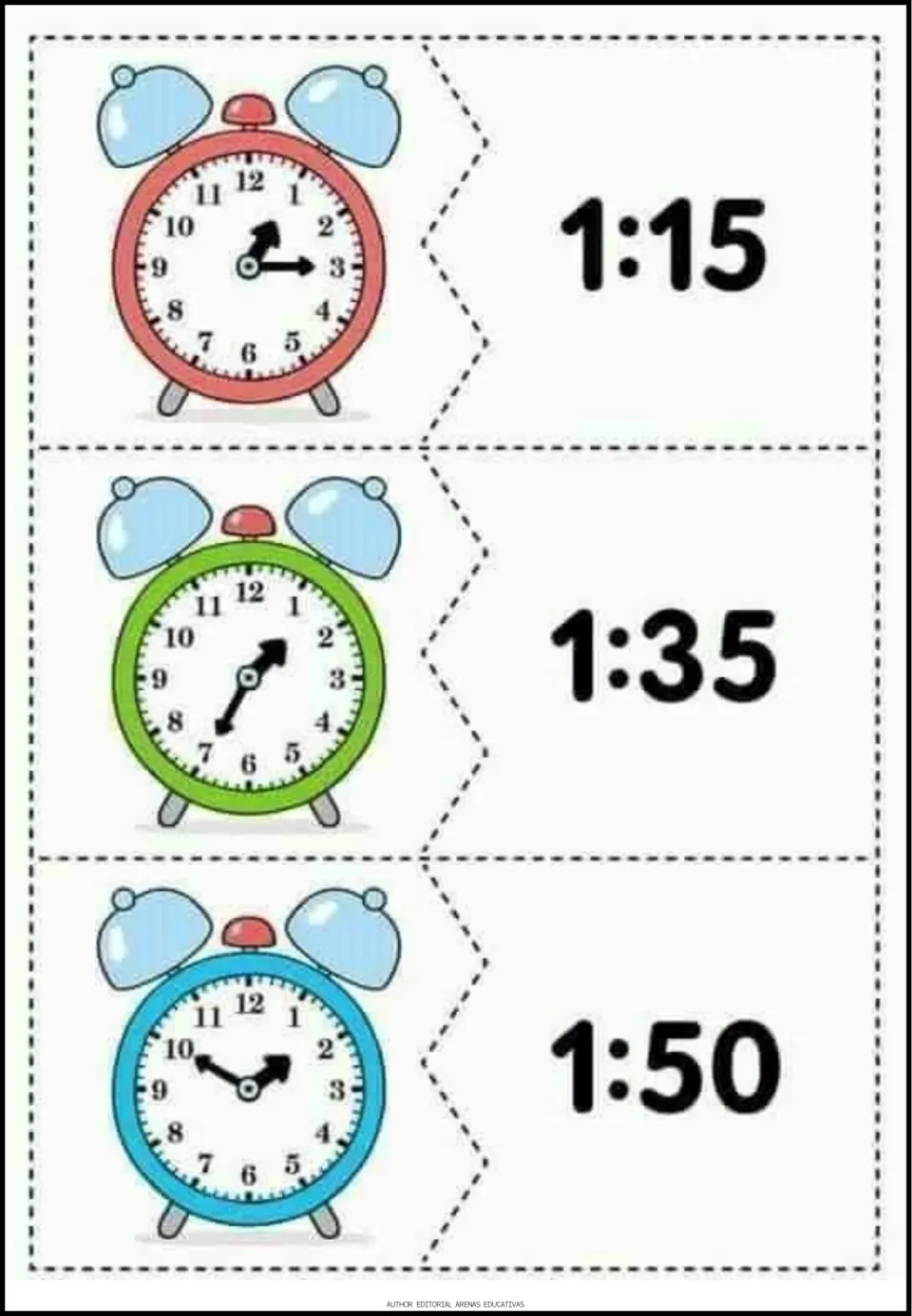 Time-matching puzzles 25–27 pair analog clock faces with the digital times 1:15, 1:35, and 1:50.