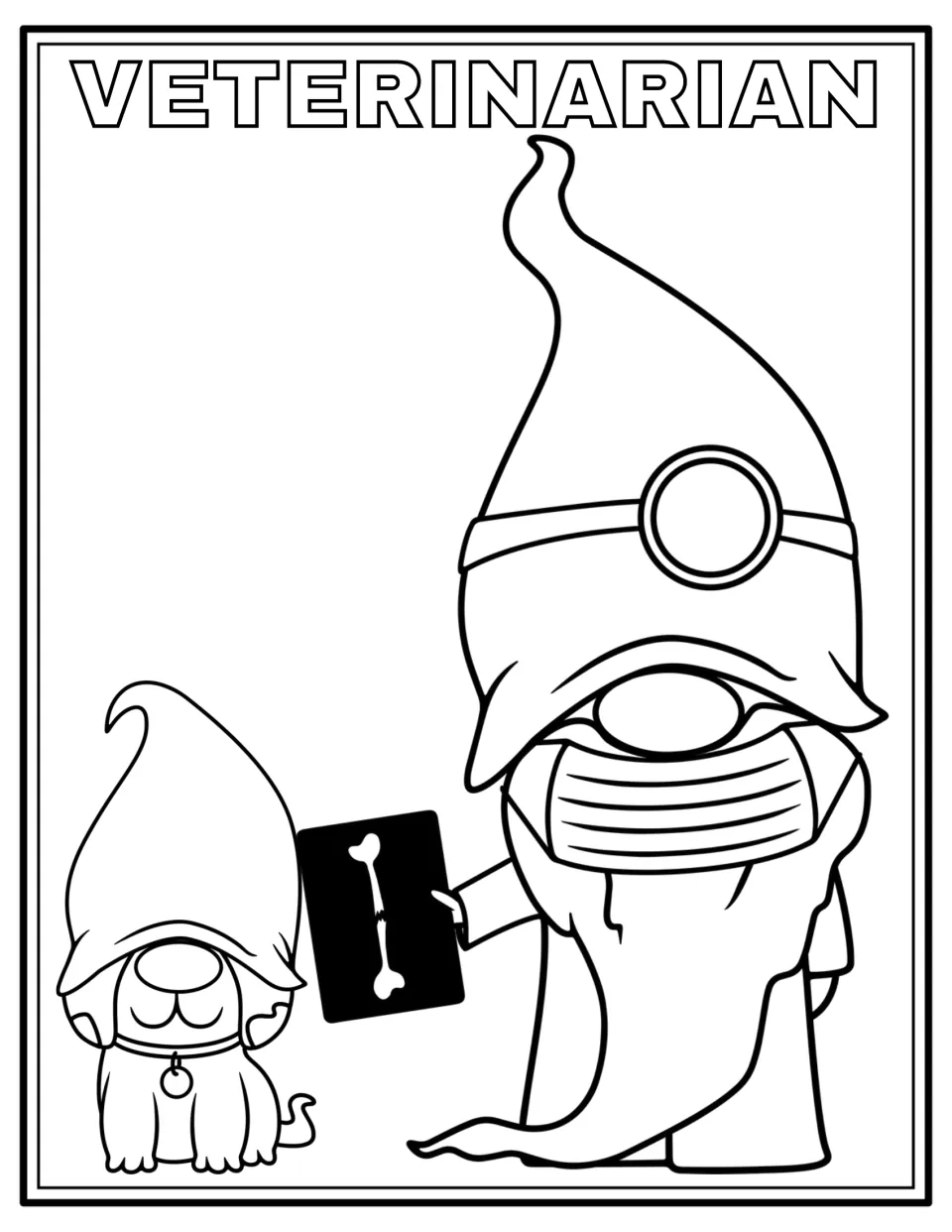 Veterinarian gnome coloring page: students color a masked gnome showing a bone X-ray to a puppy wearing a gnome hat