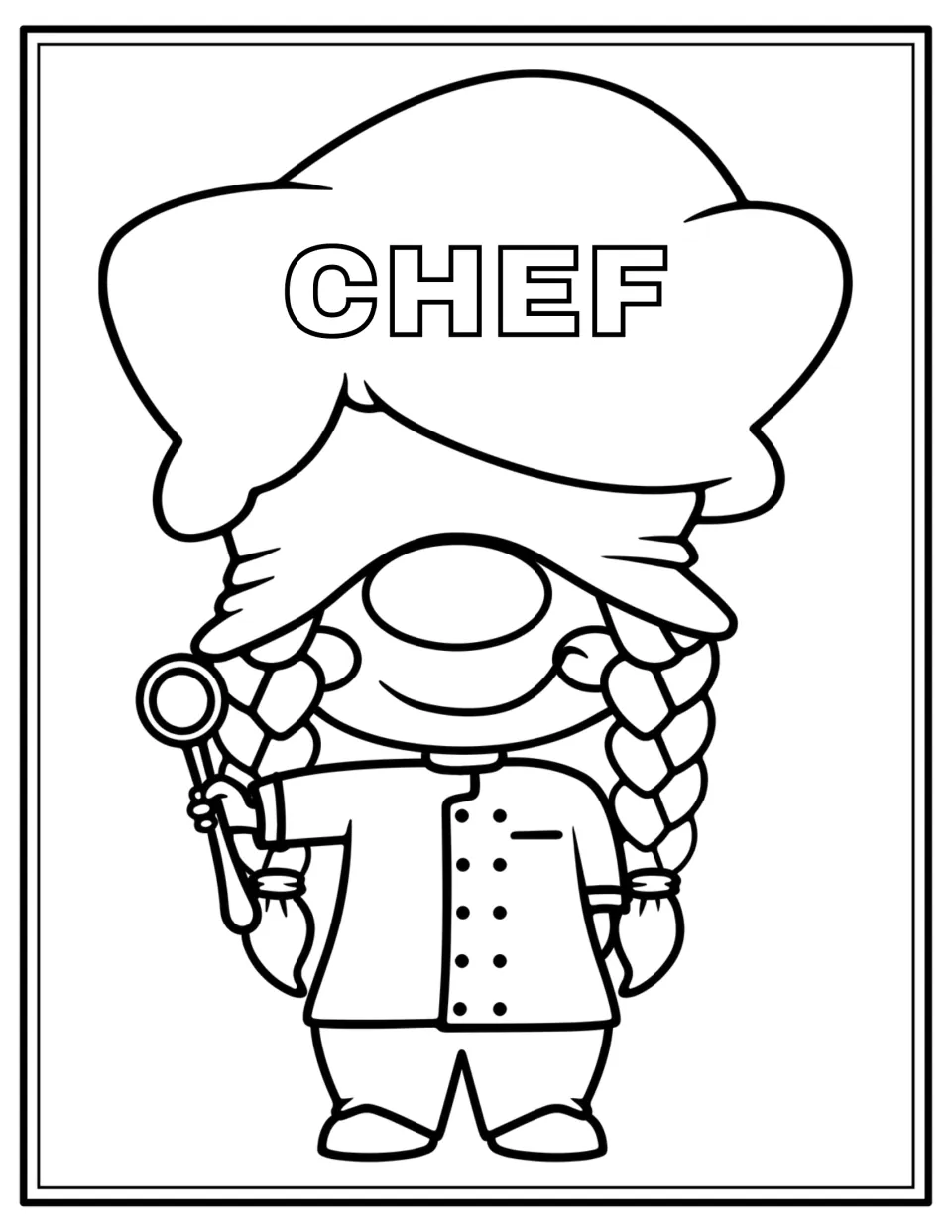 Chef gnome coloring page: students color a braided gnome in a puffy chef hat and buttoned jacket holding a ladle