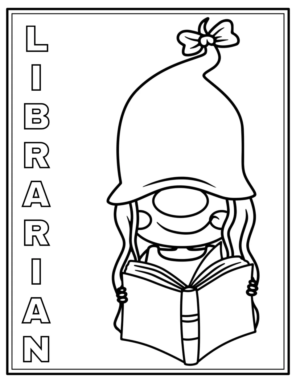 Librarian gnome coloring page: students color a smiling gnome with a bow-topped hat reading an open book