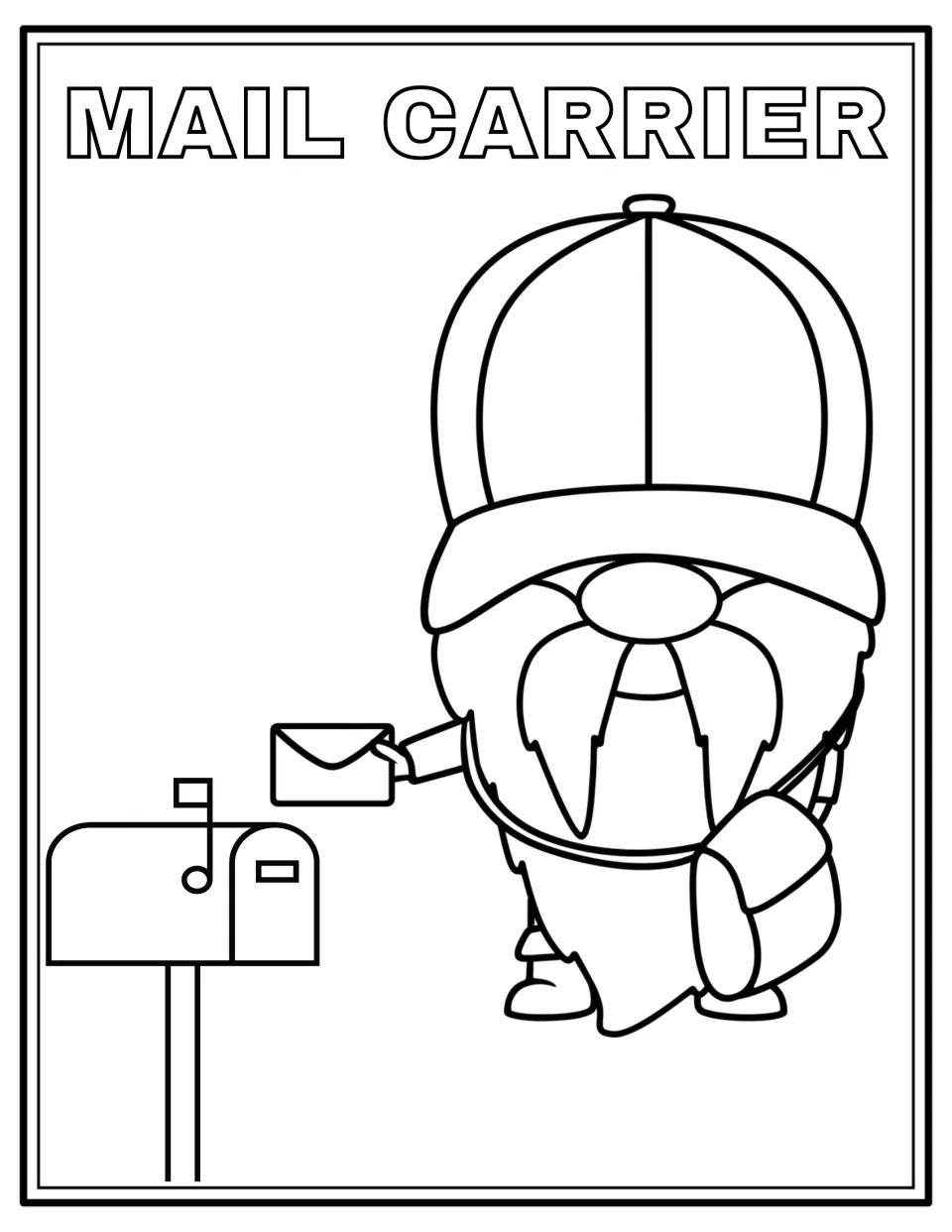 Mail carrier gnome coloring page: students color a gnome in a cap with a mailbag putting a letter into a mailbox