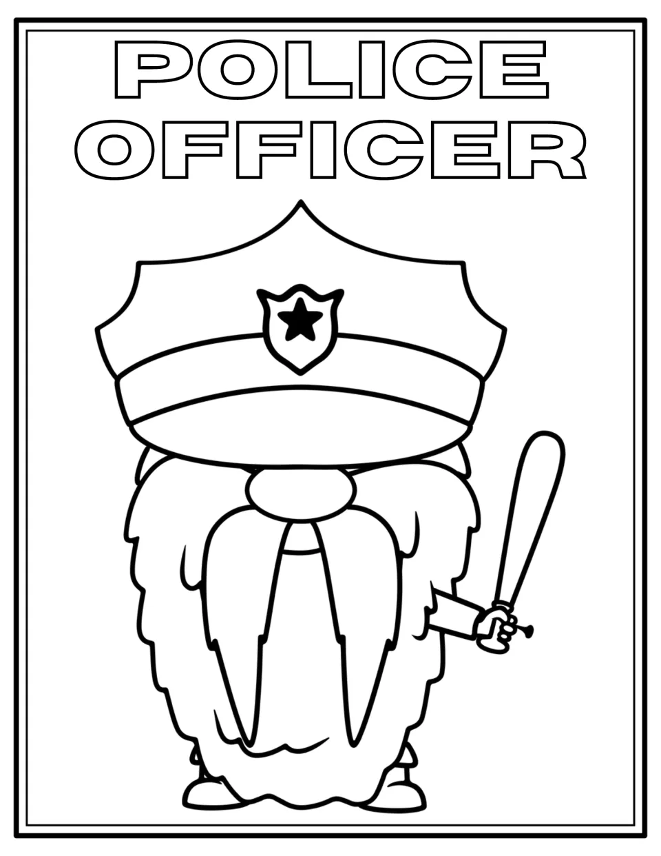 Police officer gnome coloring page: students color a bearded gnome in a star-badge police cap holding a baton