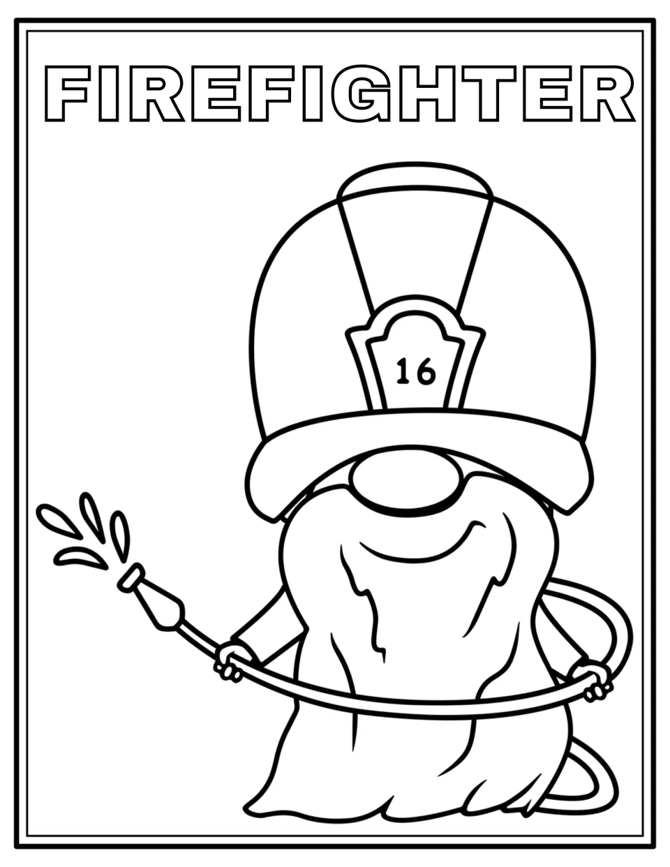 Firefighter gnome coloring page: students color a gnome in a number 16 fire helmet spraying water from a hose