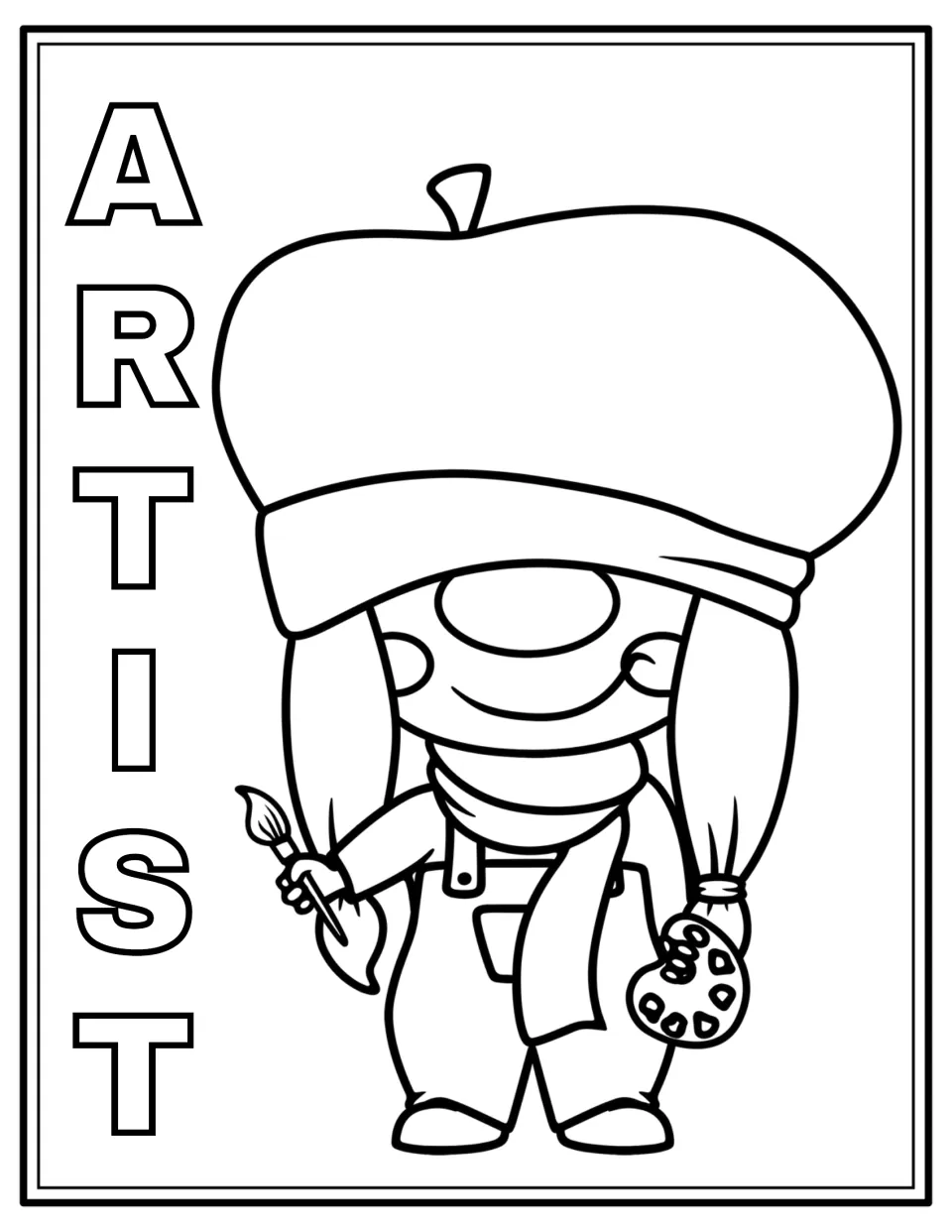 Artist gnome coloring page: students color a gnome in a beret and scarf holding a paintbrush and a paint palette