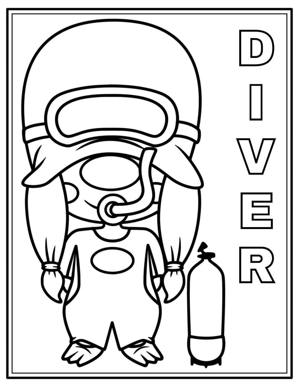 Diver gnome coloring page: students color a gnome in a dive mask, snorkel and flippers standing by an air tank