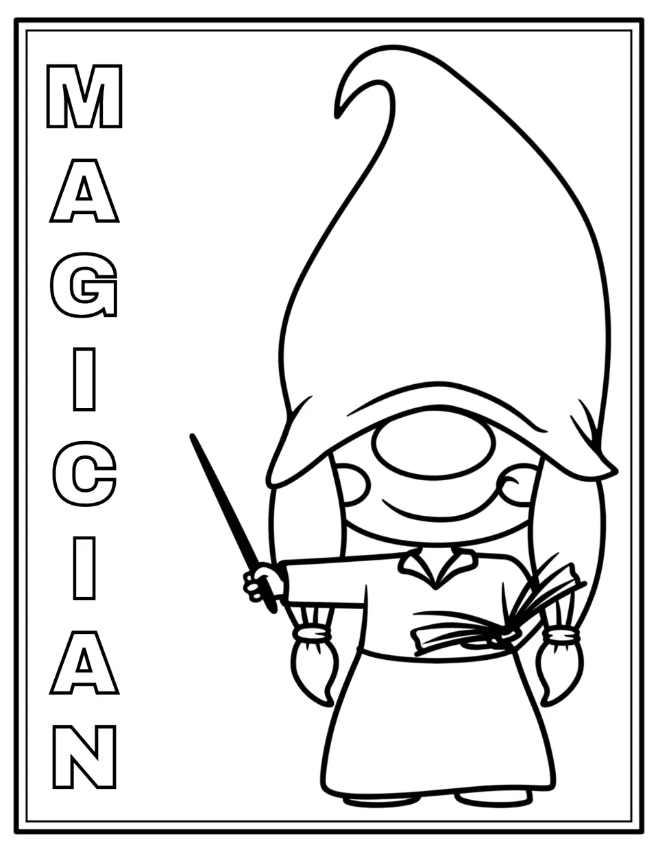 Magician gnome coloring page: students color a braided gnome in a tall hat waving a wand and holding an open book
