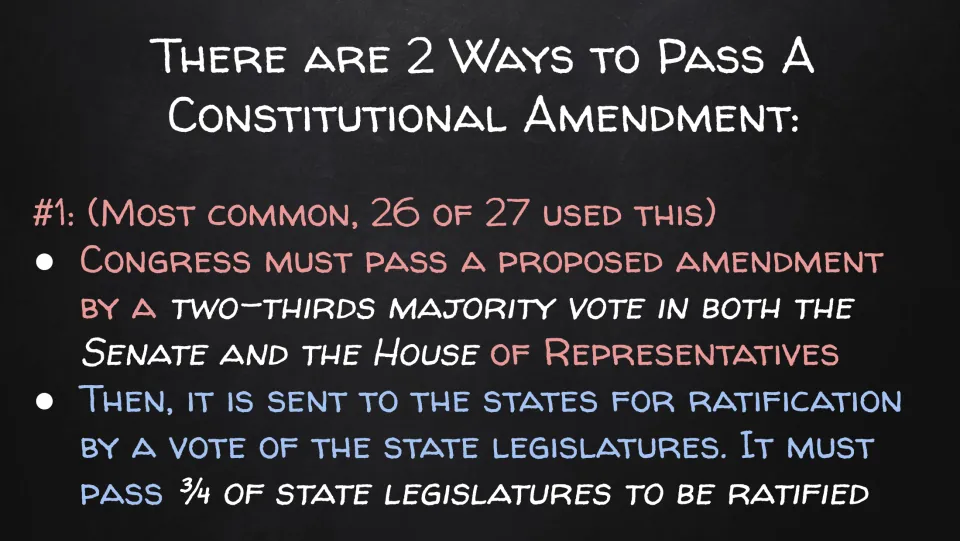 Amendment process, method 1: a two-thirds vote in the Senate and House, then ratification by 3/4 of state legislatures
