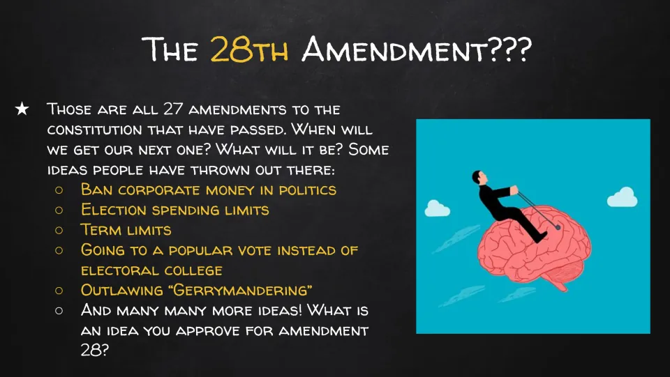 The 28th Amendment???: proposed ideas such as term limits, election spending limits and ending gerrymandering to discuss