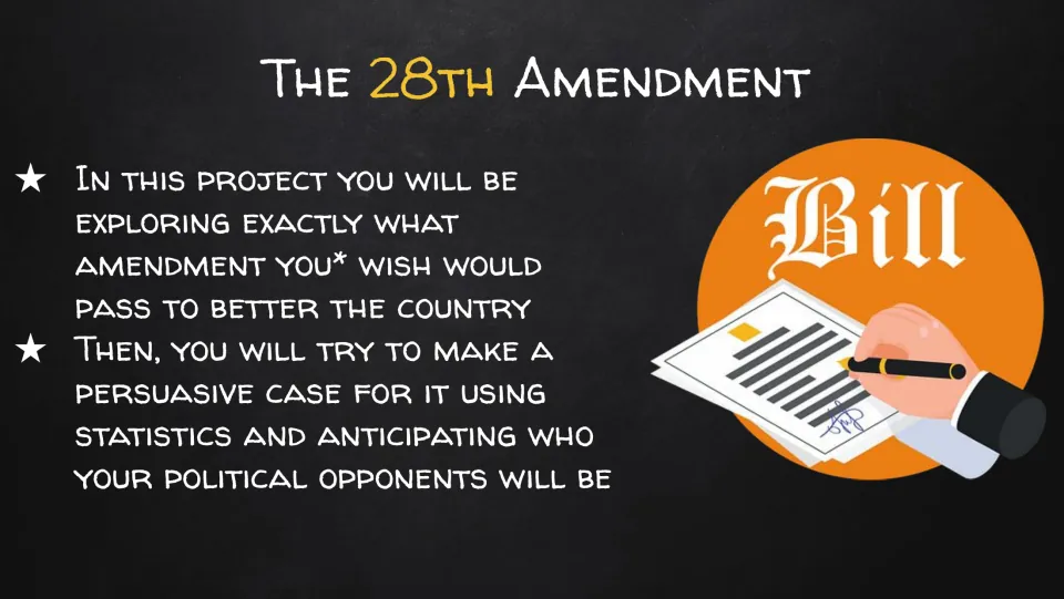 Project overview: students choose an amendment they wish would pass and build a persuasive case using statistics