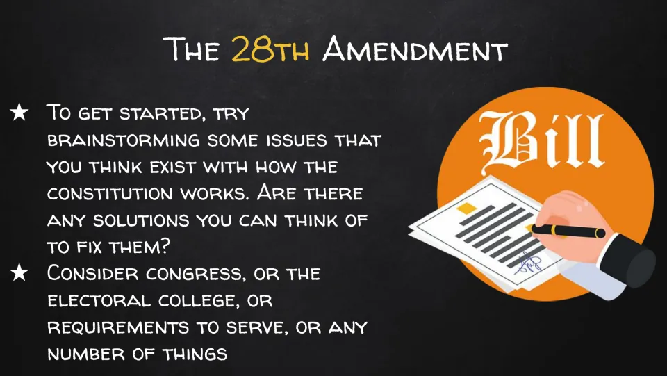 Brainstorming step: students list problems with how the Constitution works, such as Congress or the electoral college