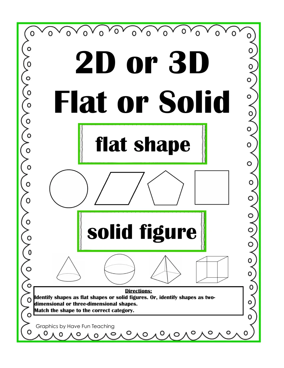 2D or 3D, Flat or Solid cover: sample flat shapes and solid figures with directions to match each shape to its category