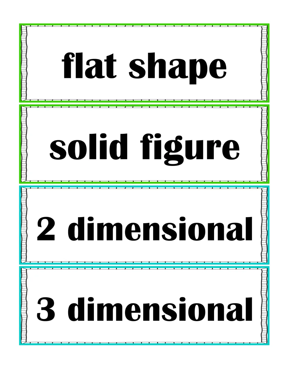 Sorting header cards for 2D and 3D shapes: flat shape, solid figure, 2 dimensional and 3 dimensional labels to cut apart
