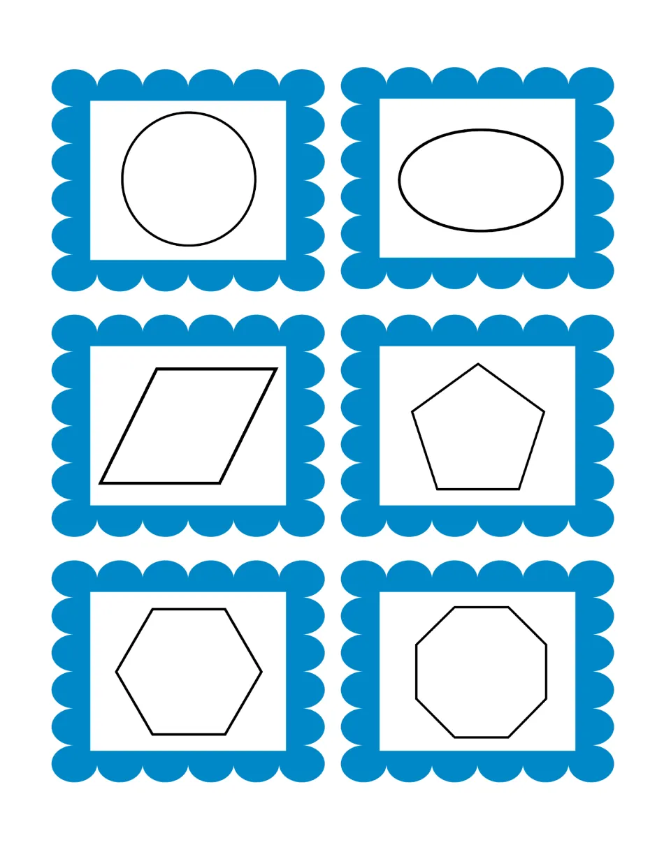 Flat shape picture cards: circle, oval, parallelogram, pentagon, hexagon and octagon for students to sort as 2D shapes
