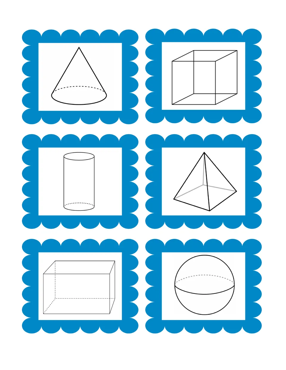 Solid figure picture cards: cone, cube, cylinder, pyramid, rectangular prism and sphere for students to sort as 3D shapes