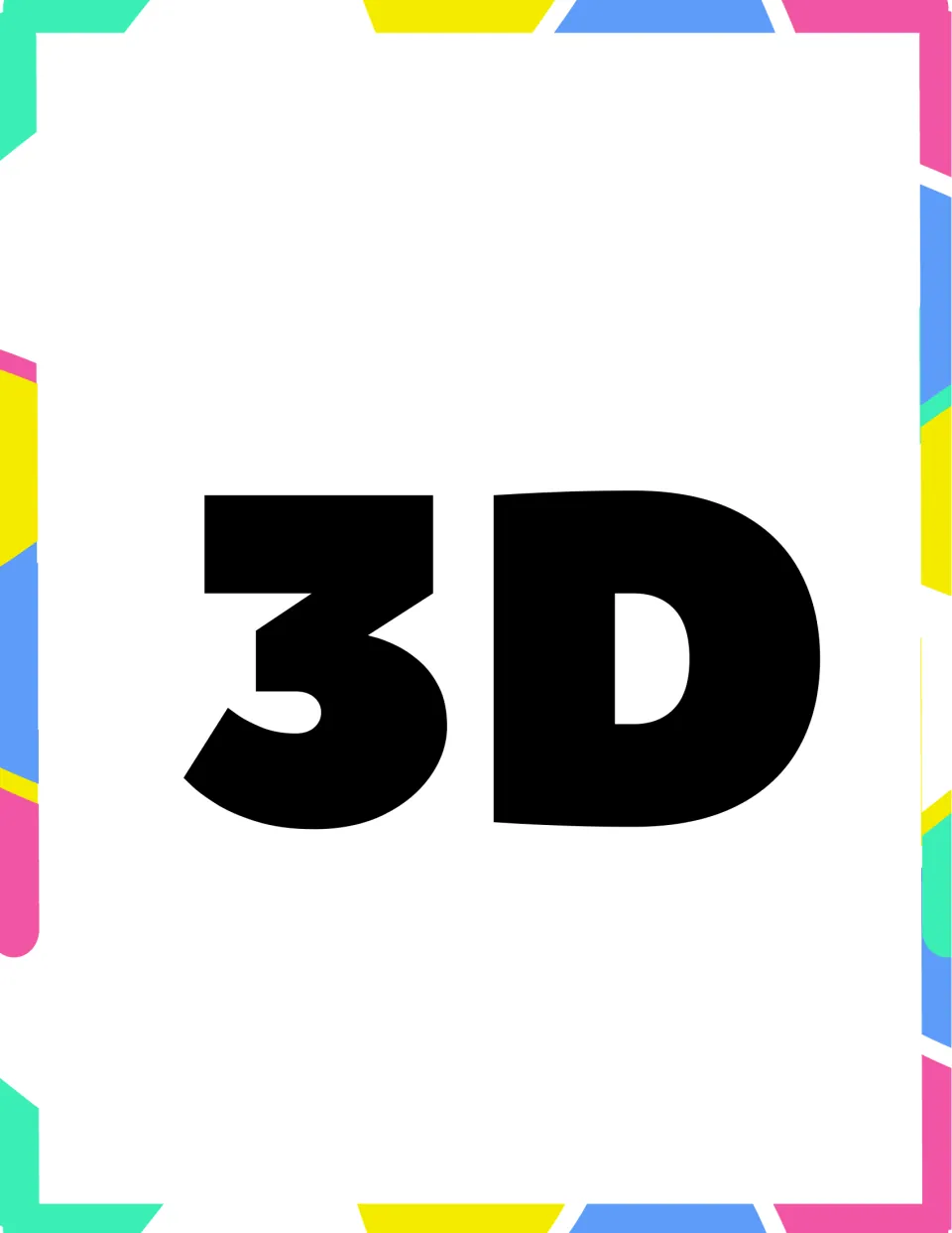 3D shapes header card: the bold title "3D" alone, introducing the set of solid shape posters that follows it