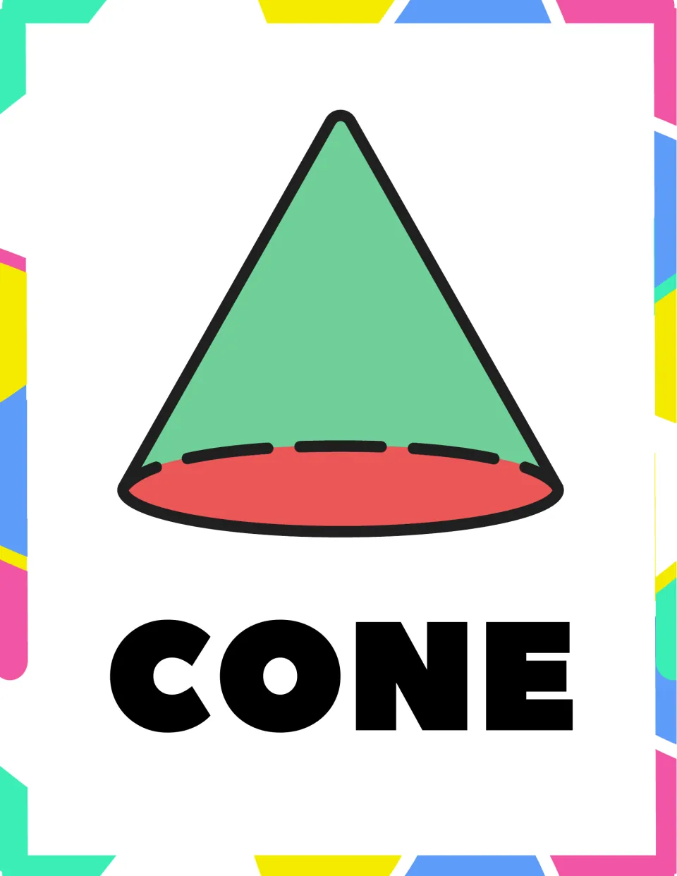 Cone poster: a green cone with a red circular base and dashed hidden edge, labeled CONE for naming solid figures