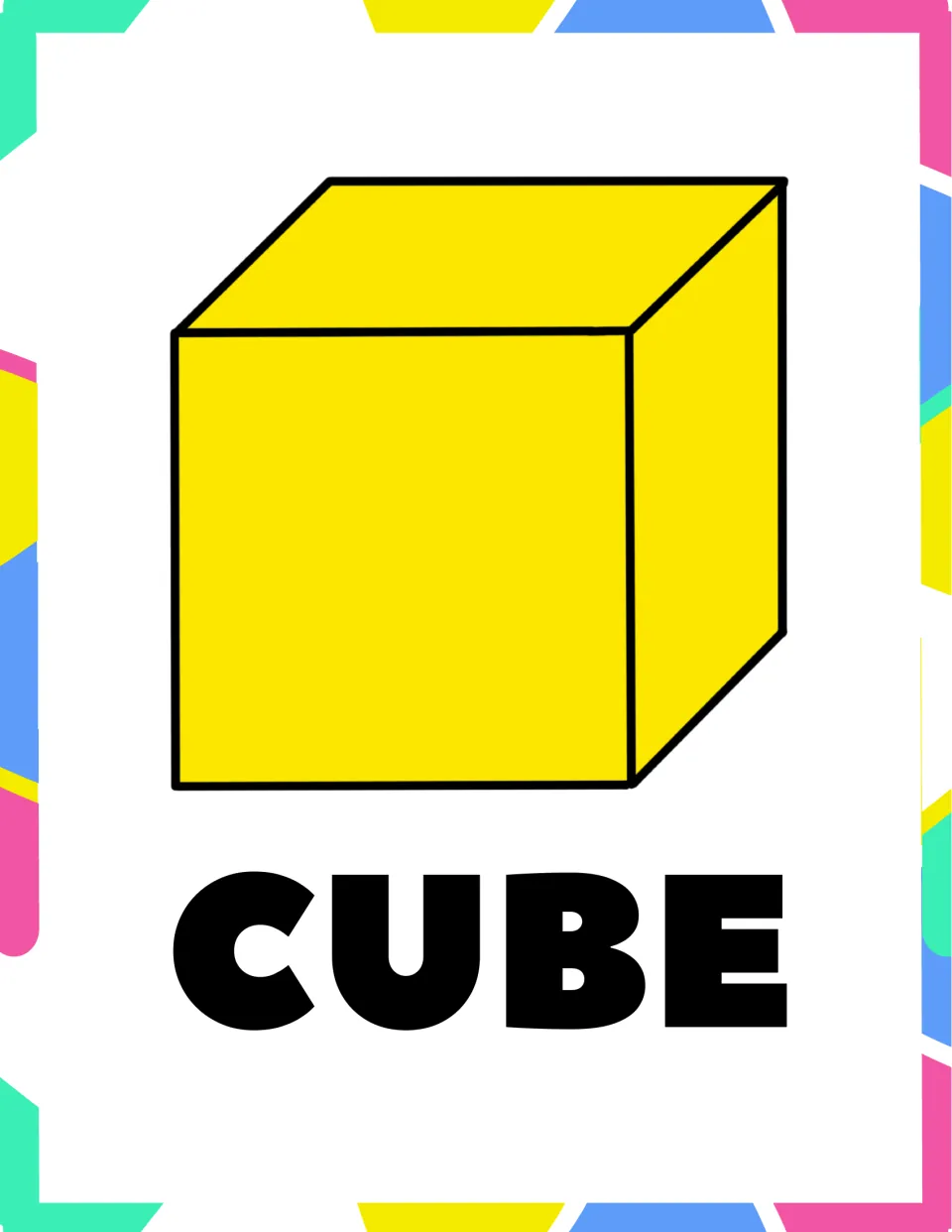 Cube poster: a yellow cube drawn in perspective showing three of its square faces, labeled CUBE in bold capitals