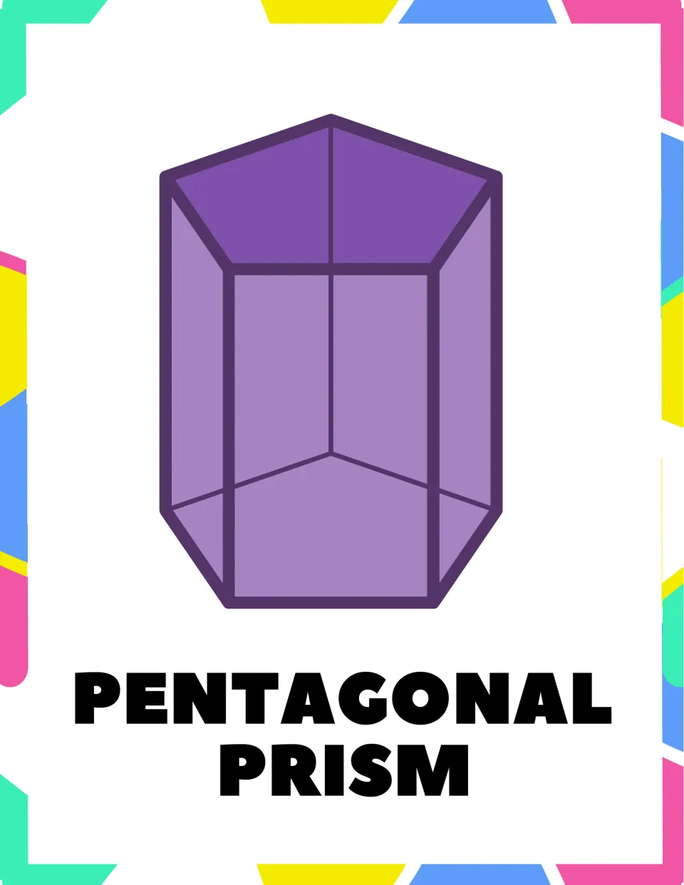 Pentagonal prism poster: a purple see-through prism with five-sided top and bottom faces, labeled PENTAGONAL PRISM