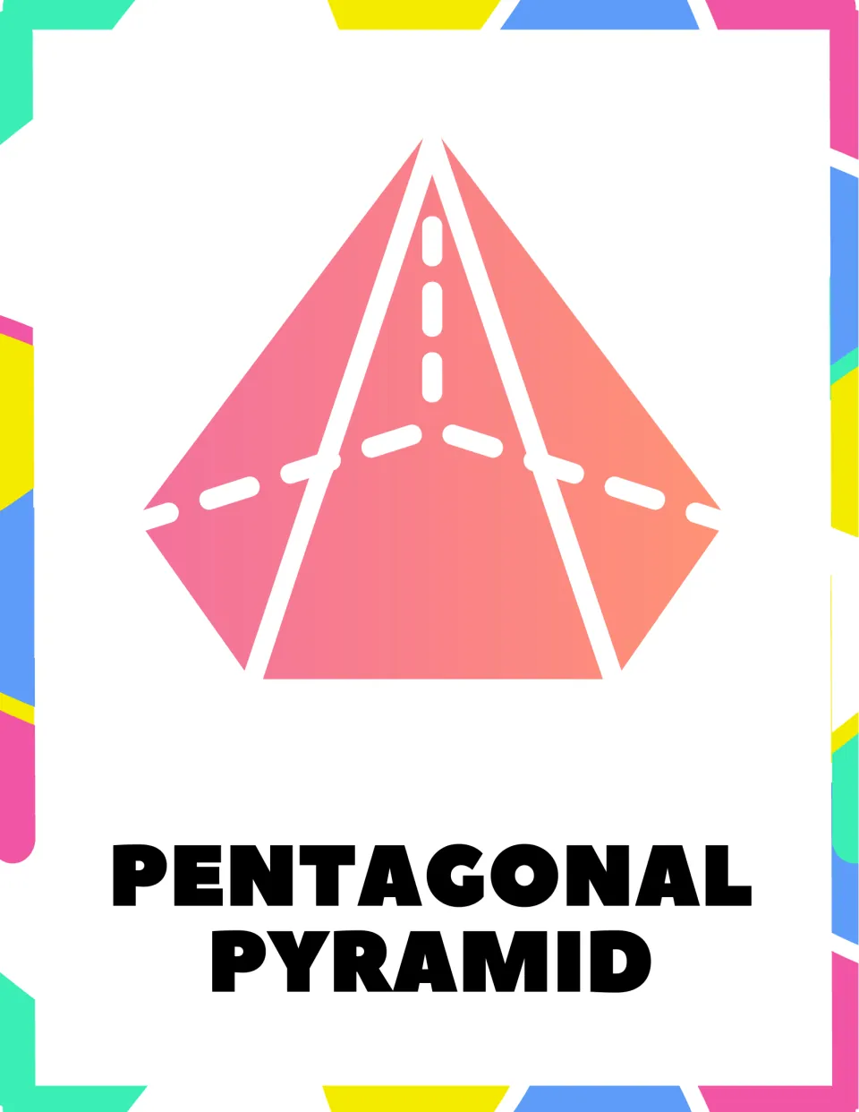 Pentagonal pyramid poster: a pink-orange pyramid rising from a five-sided base to one point, labeled PENTAGONAL PYRAMID