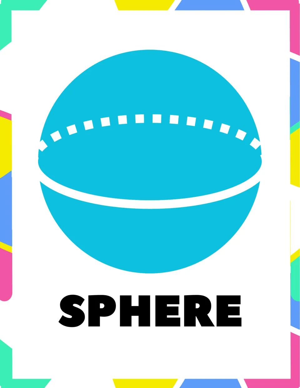 Sphere poster: a solid blue ball with a curved dashed equator line showing its roundness, labeled SPHERE in bold