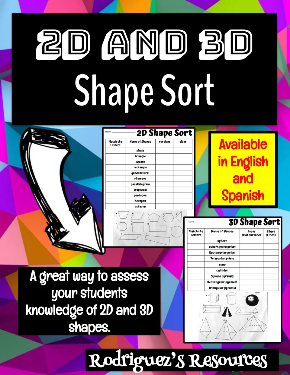 2D and 3D Shape Sort cover showing previews of the 2D and 3D matching sheets, available in English and Spanish