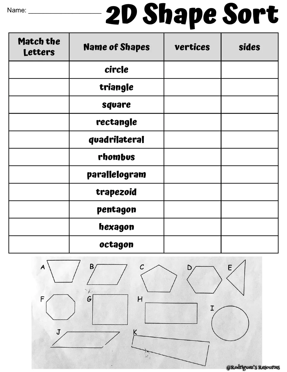 2D shapes: students match lettered shapes A to K to 11 shape names, then record each shape's vertices and sides