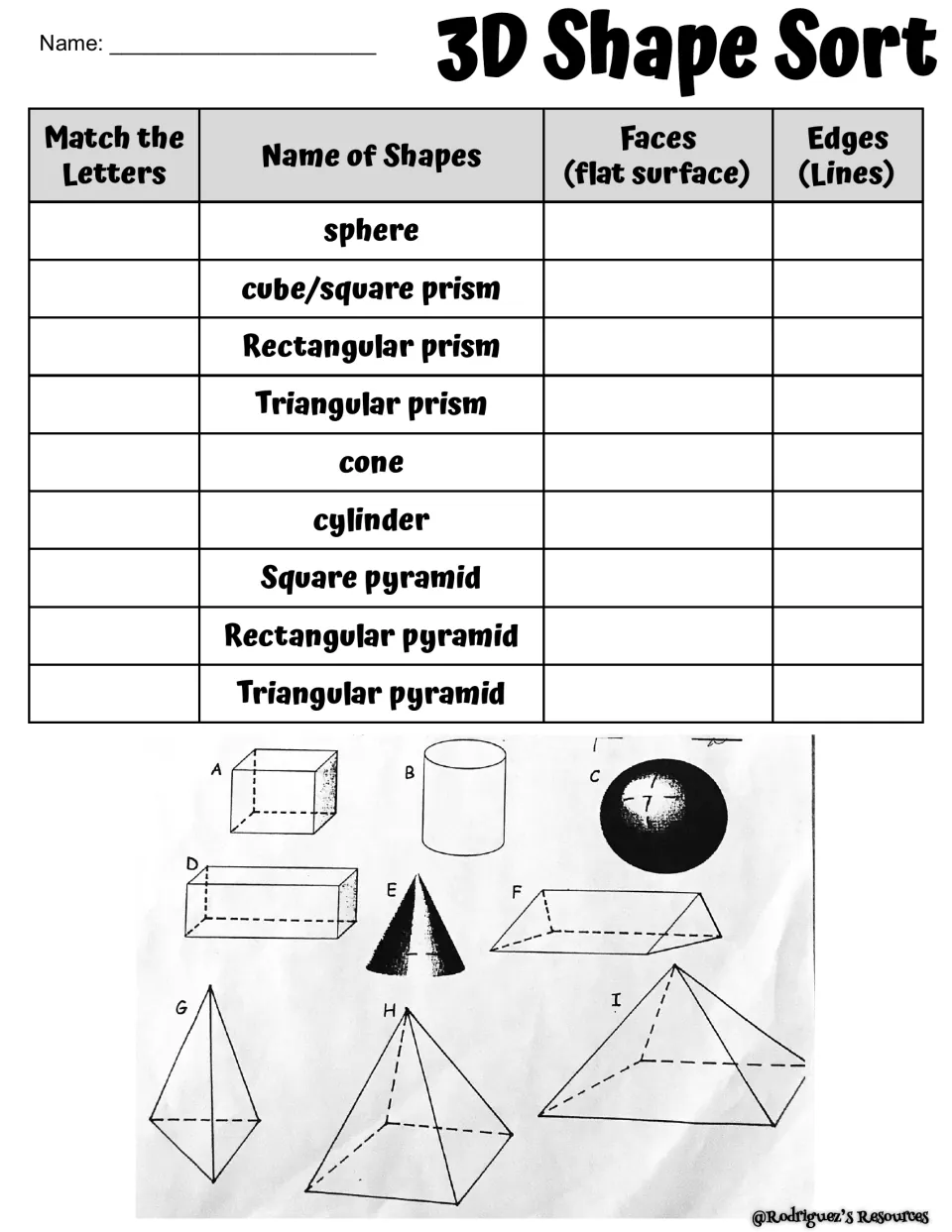 3D solids: students match figures A to I to 9 names like cone and cube, then record the faces and edges of each