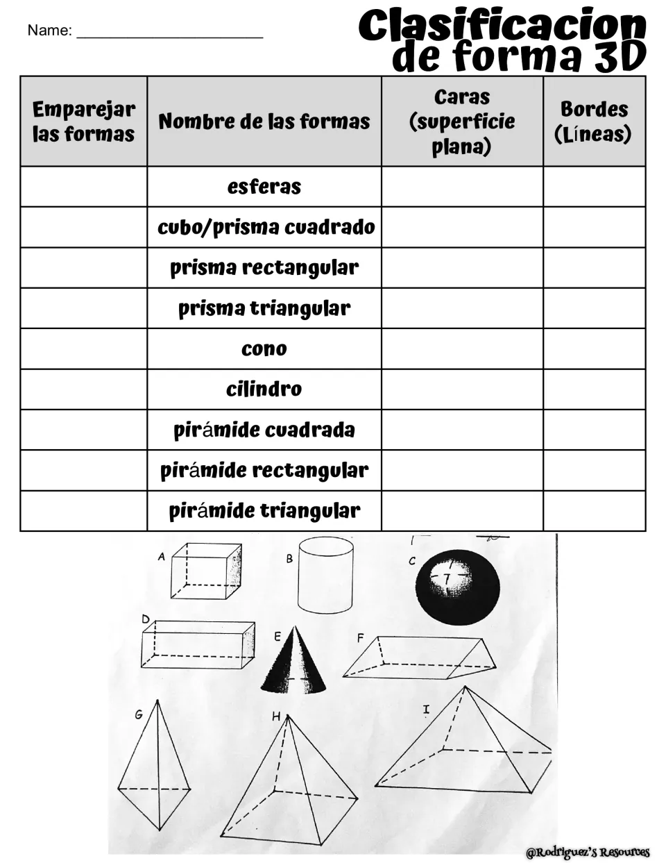 Spanish 3D solids: students match figures A to I to names like esferas and cono, then record caras and bordes