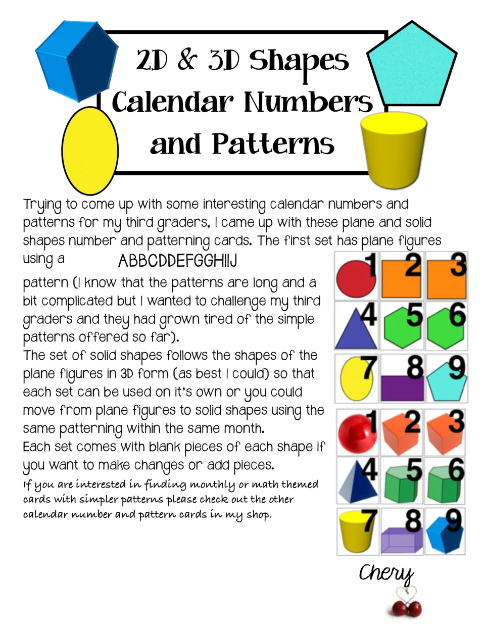 2D & 3D Shapes Calendar Numbers and Patterns: author note on the ABBCDDEFGGHIIJ pattern beside sample card sets