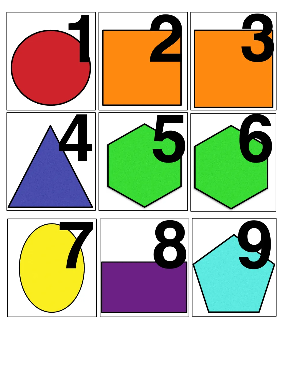 Plane shape calendar cards 1-9: circle, two squares, triangle, two hexagons, oval, rectangle and pentagon