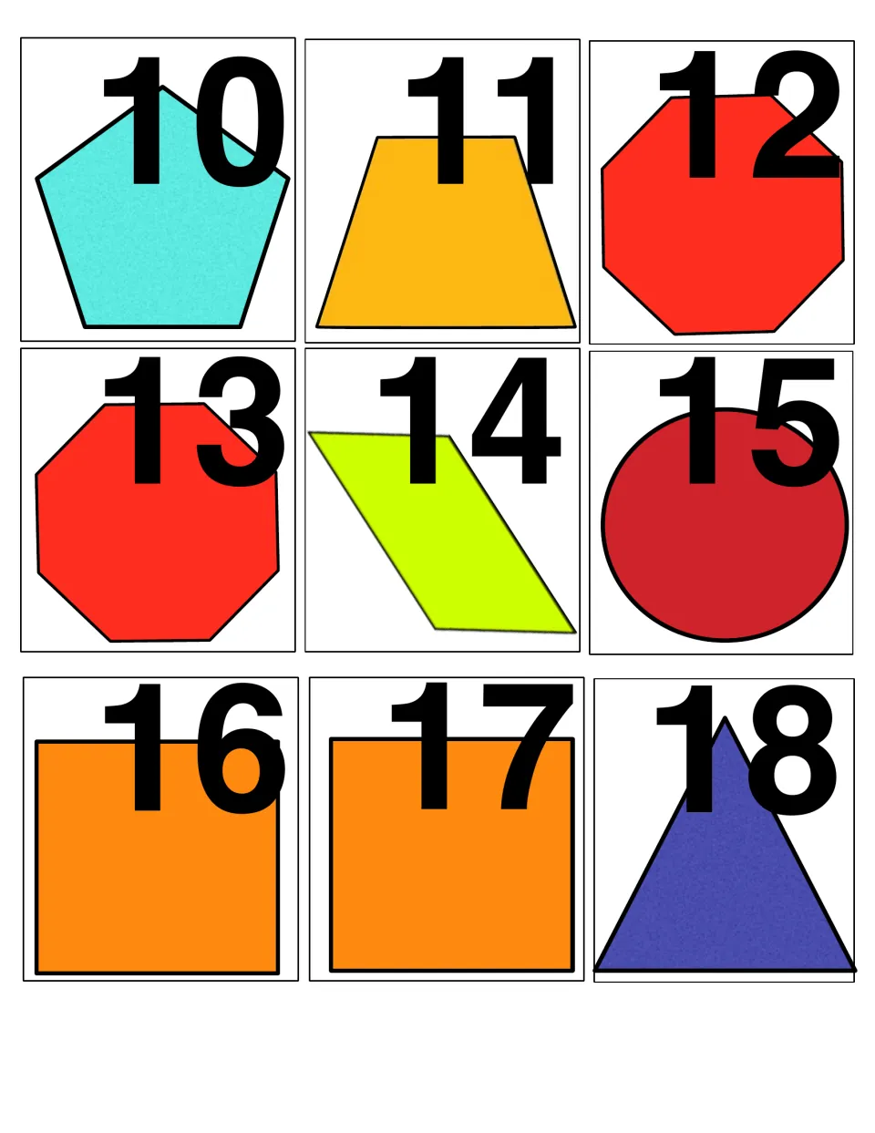 Plane shape calendar cards 10-18: pentagon, trapezoid, two octagons, parallelogram, circle, two squares, triangle