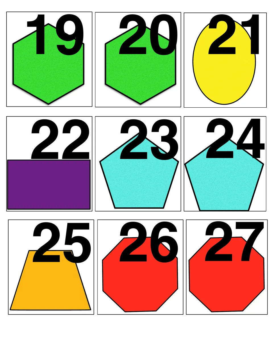 Plane shape calendar cards 19-27: two hexagons, oval, rectangle, two pentagons, trapezoid and two octagons