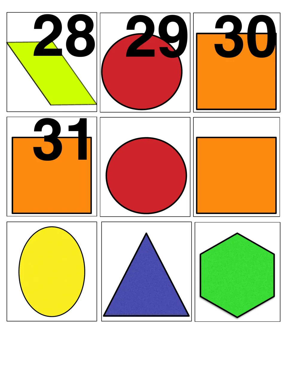 Plane shape cards 28-31 (parallelogram, circle, two squares) plus blank circle, square, oval, triangle and hexagon