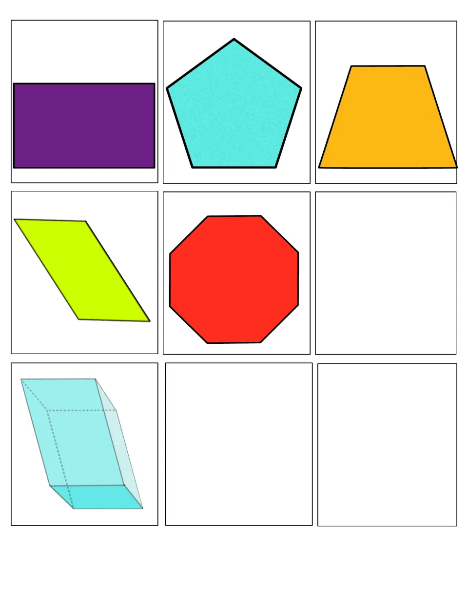 Unnumbered spare shape cards: rectangle, pentagon, trapezoid, parallelogram, octagon, plus one slanted 3D prism