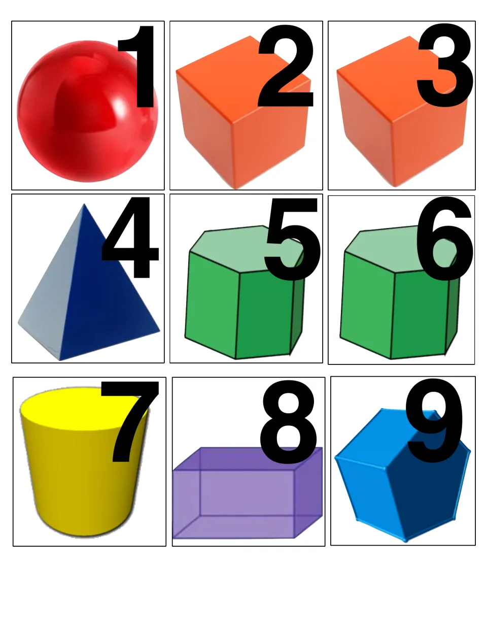 Solid shape cards 1-9: sphere, two cubes, pyramid, two hexagonal prisms, cylinder, rectangular prism, polyhedron