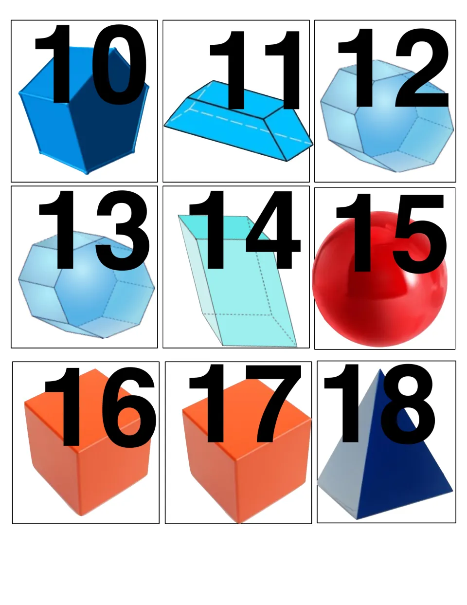 Solid shape cards 10-18: polyhedron, trapezoidal prism, two faceted solids, slanted prism, sphere, two cubes, pyramid