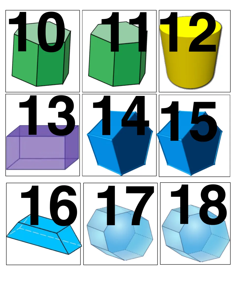 Second set of solid cards 10-18: two hexagonal prisms, cylinder, rectangular prism, two polyhedra, trapezoidal prism