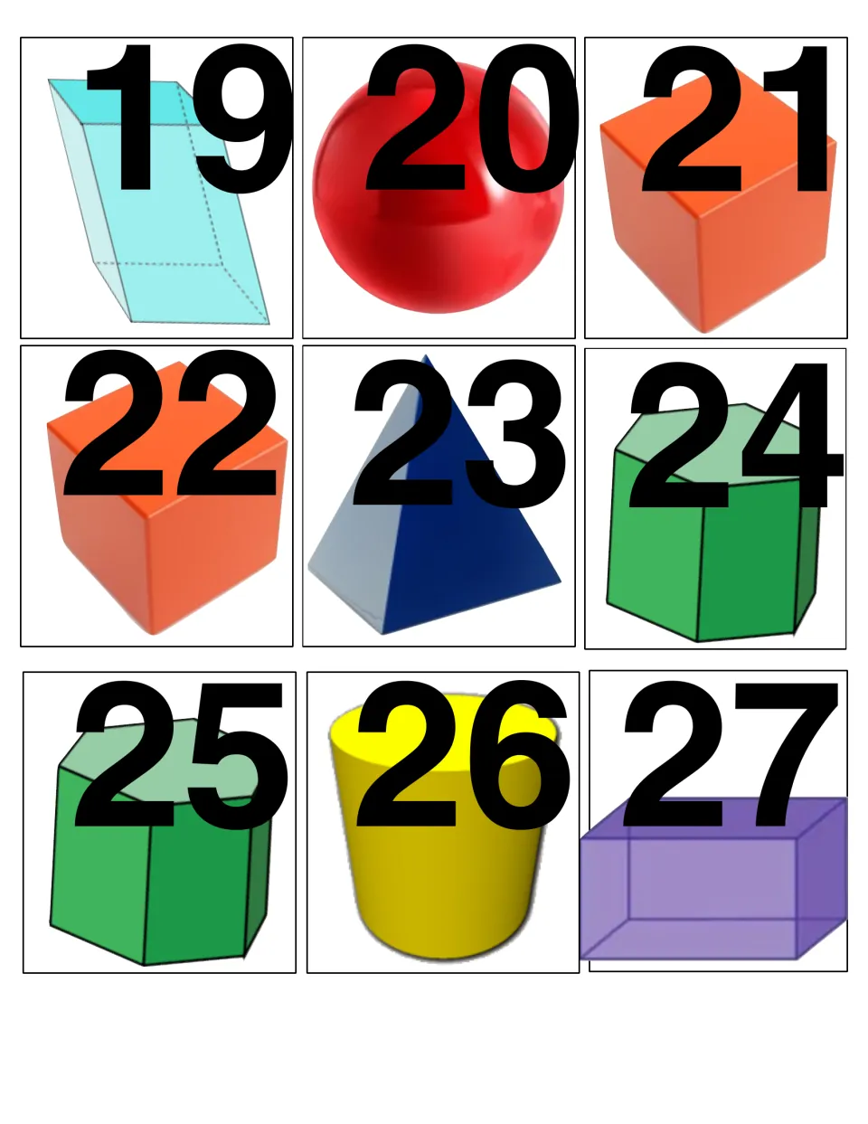 Solid shape cards 19-27: slanted prism, sphere, two cubes, pyramid, two hexagonal prisms, cylinder, rectangular prism