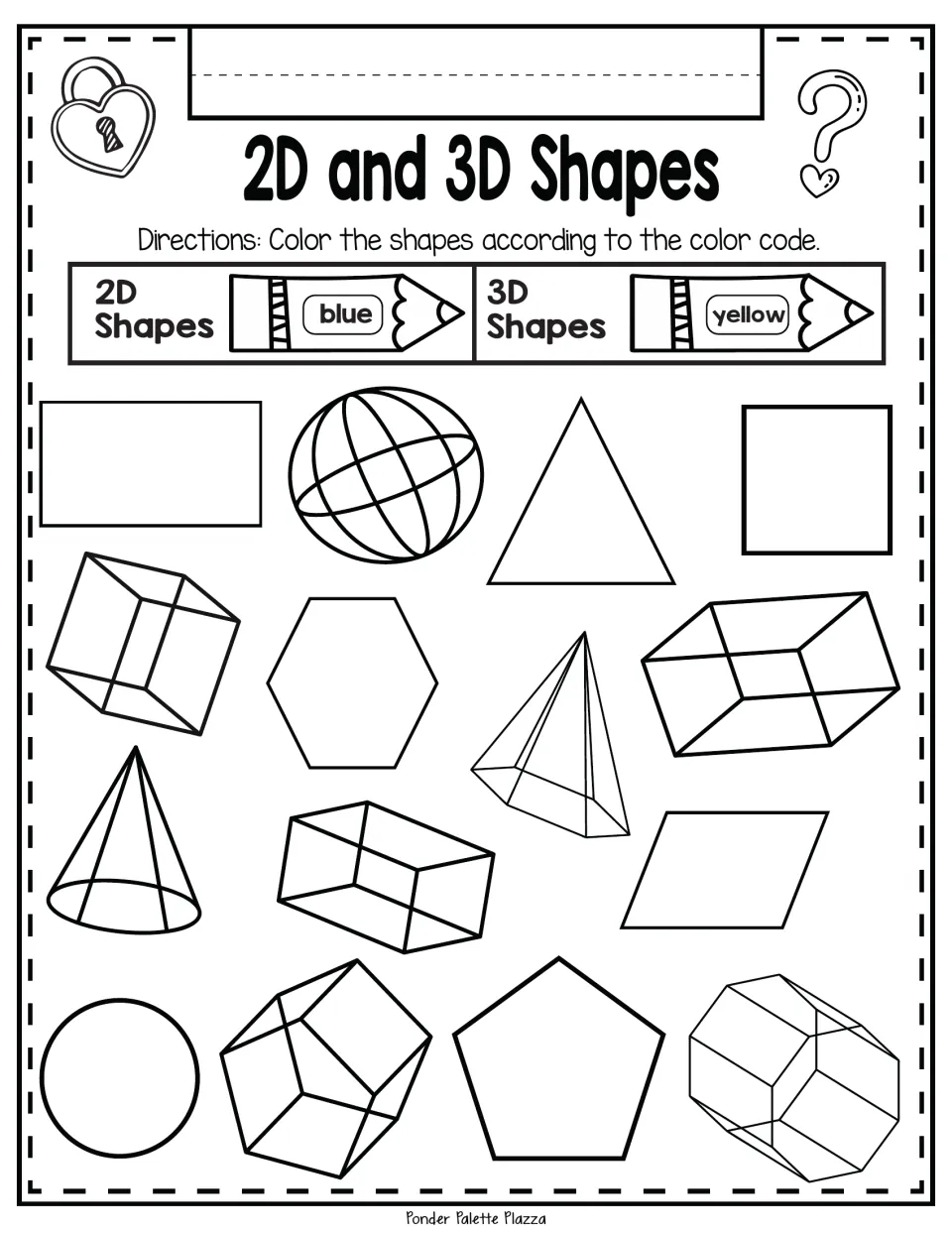 Classifying 2D and 3D shapes: students color each of 16 shapes, flat ones blue and solids like cones and cubes yellow